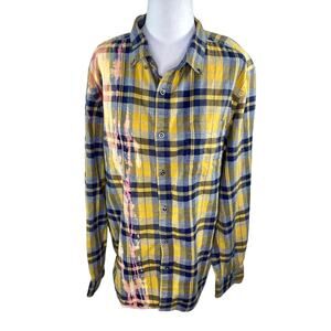 Denim & Flower Slim Fit Yellow Blue Plaid Flannel Long Sleeve Shirt XL